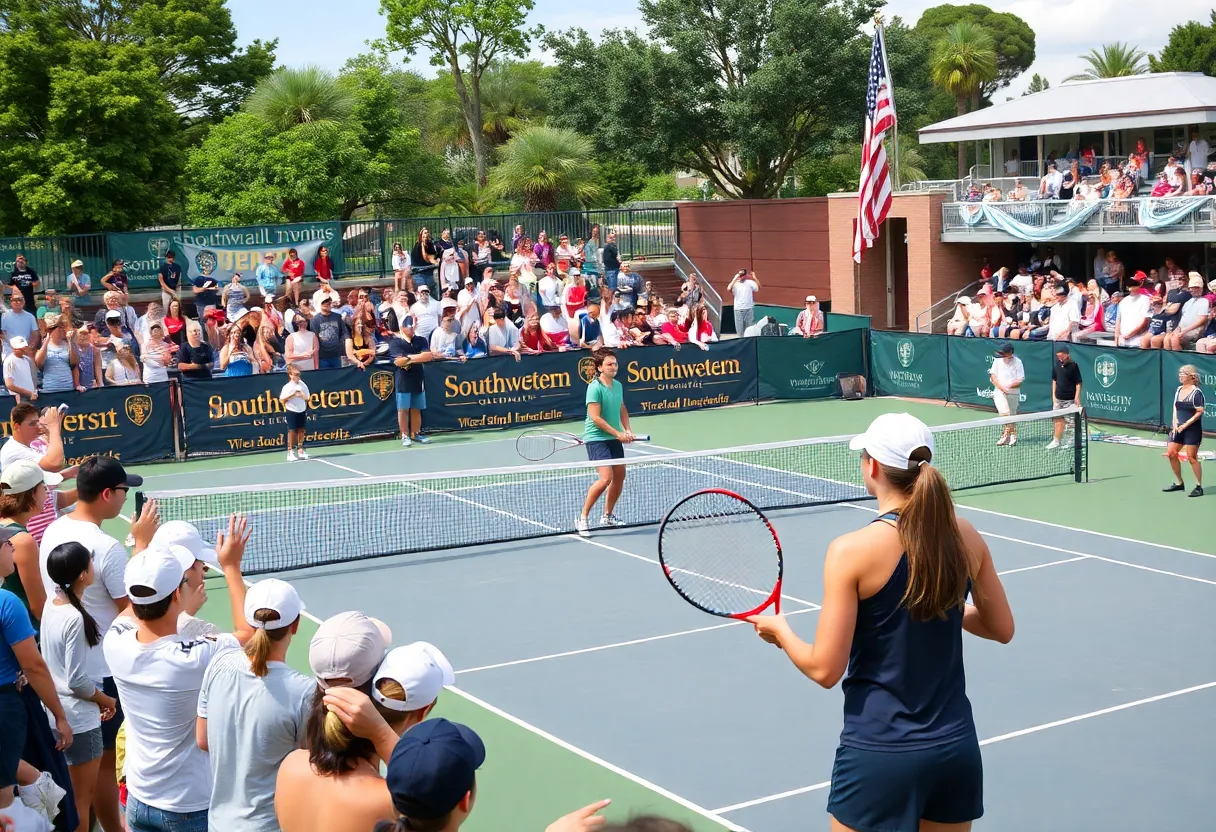Southwestern University Women's Tennis team in action during a match