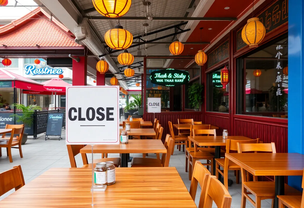 Closed sign at Thai Kun restaurant with empty dining area