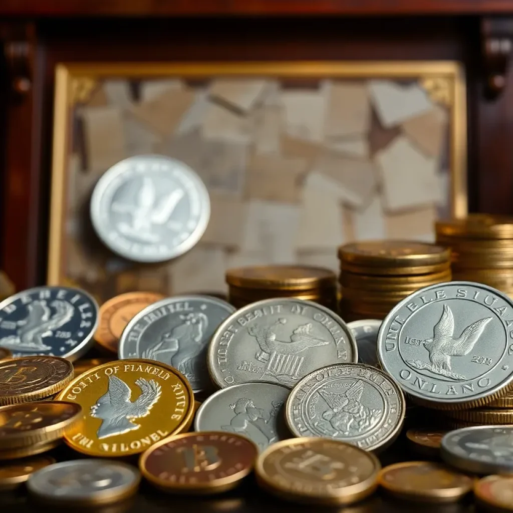 Elegant display of a valuable coin collection including gold and silver coins.