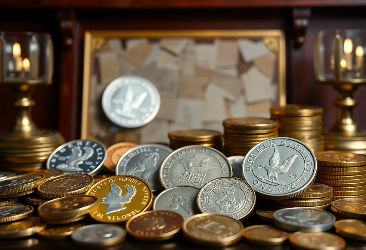 Elegant display of a valuable coin collection including gold and silver coins.
