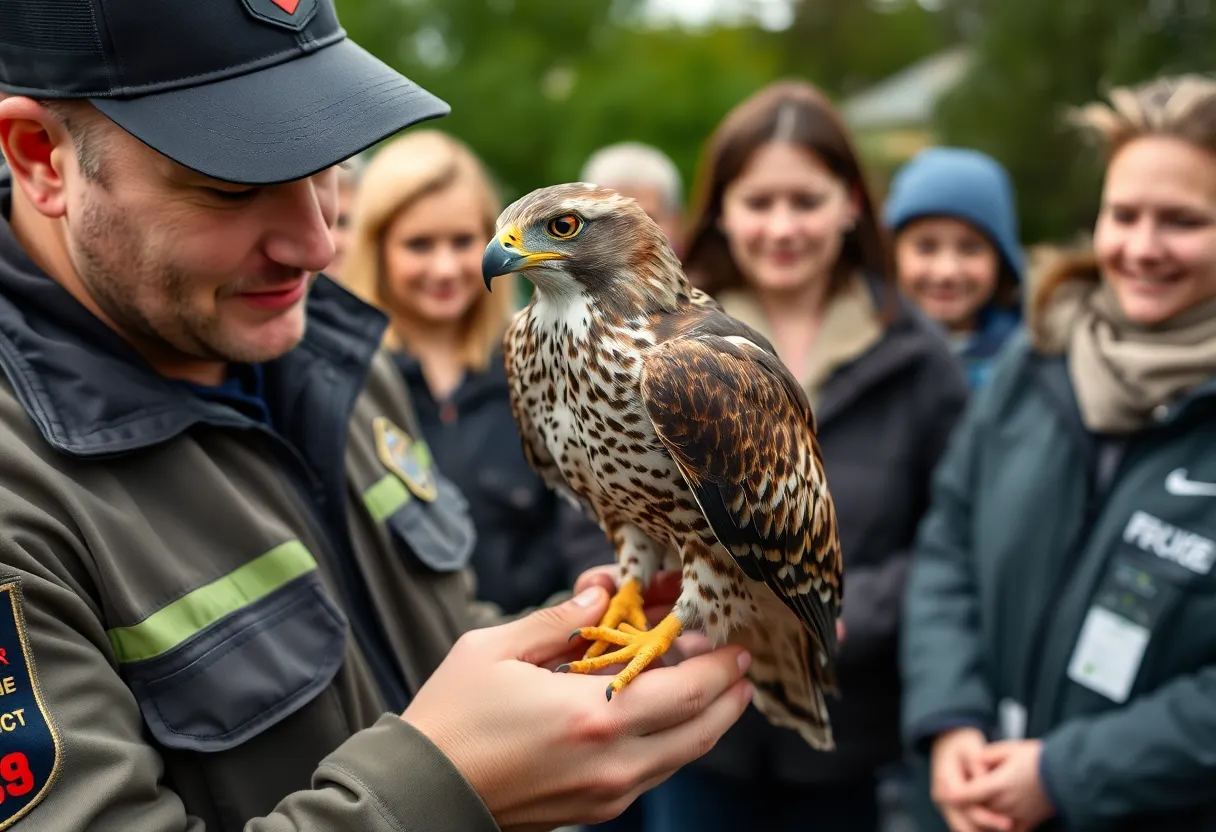 A Cooper's Hawk being rescued by an officer in Leander, Texas.