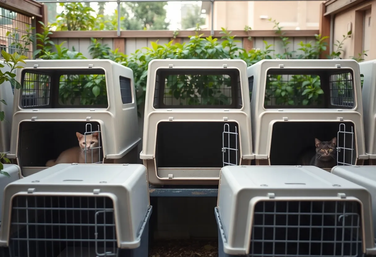 Empty cat carriers at an animal shelter