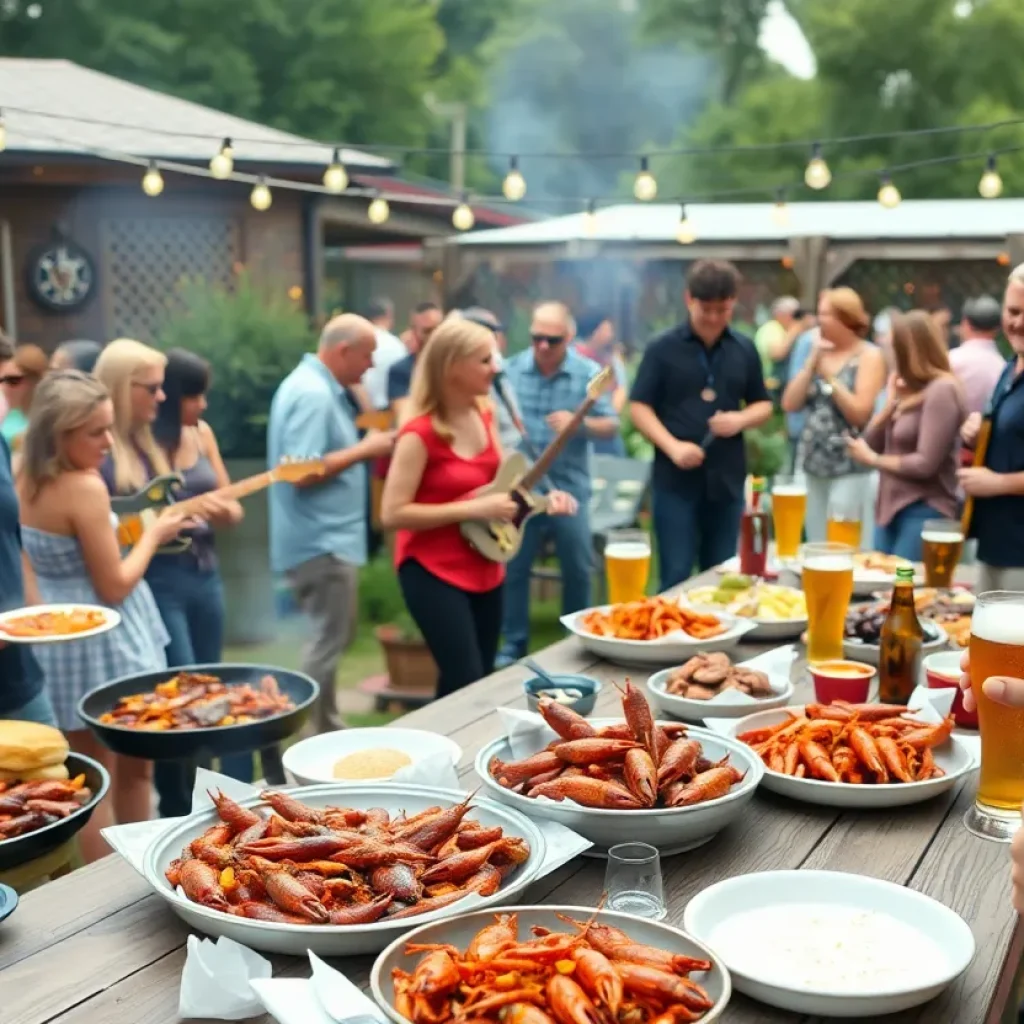 Guests enjoying food and live music at an outdoor BBQ event in Austin