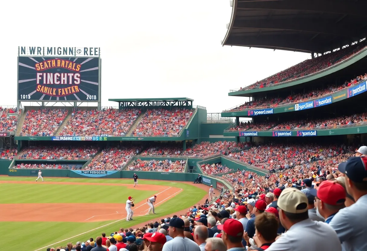 A vibrant crowd cheering during a college baseball game.