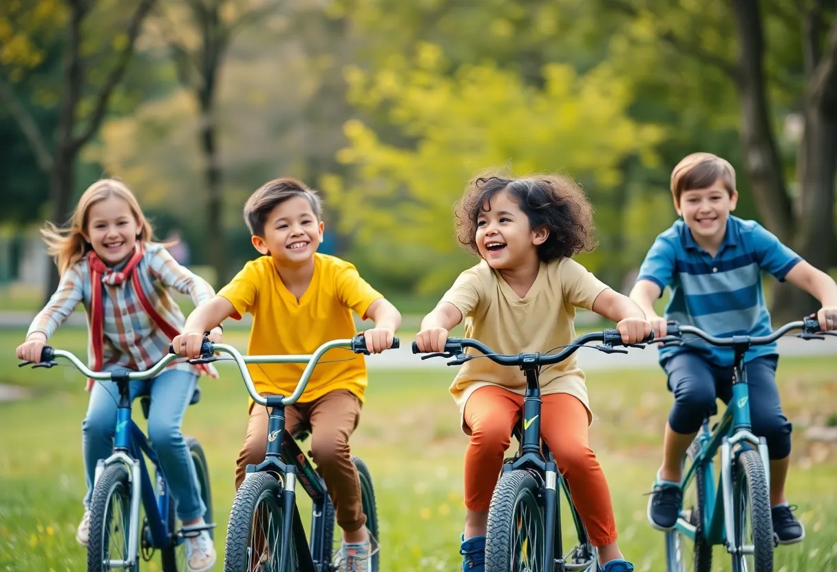 Diverse children enjoying bike rides in a sunny park.