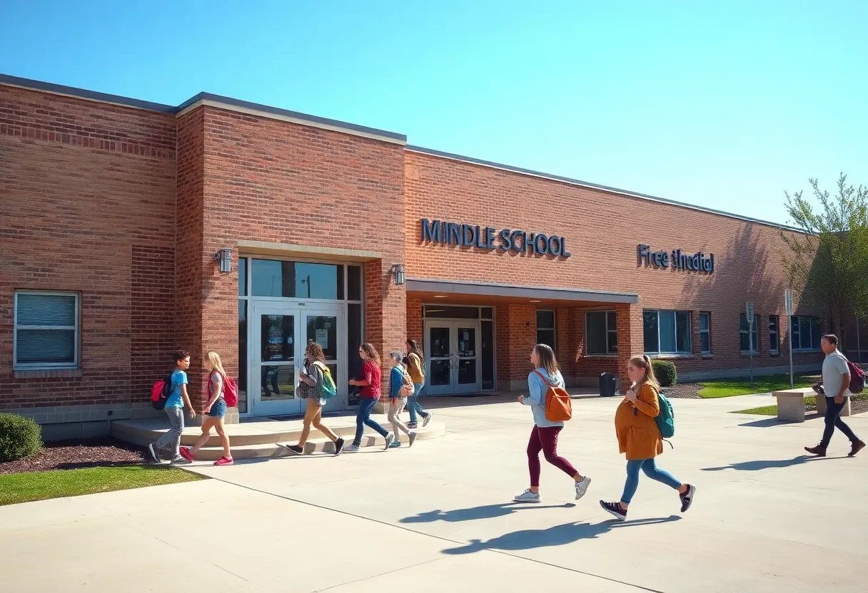 A picture of Dobie Middle School in Austin with students arriving.