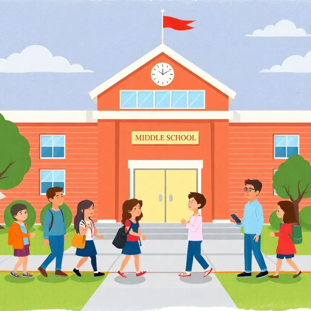 Illustration of Dobie Middle School showing students and community members expressing concerns.