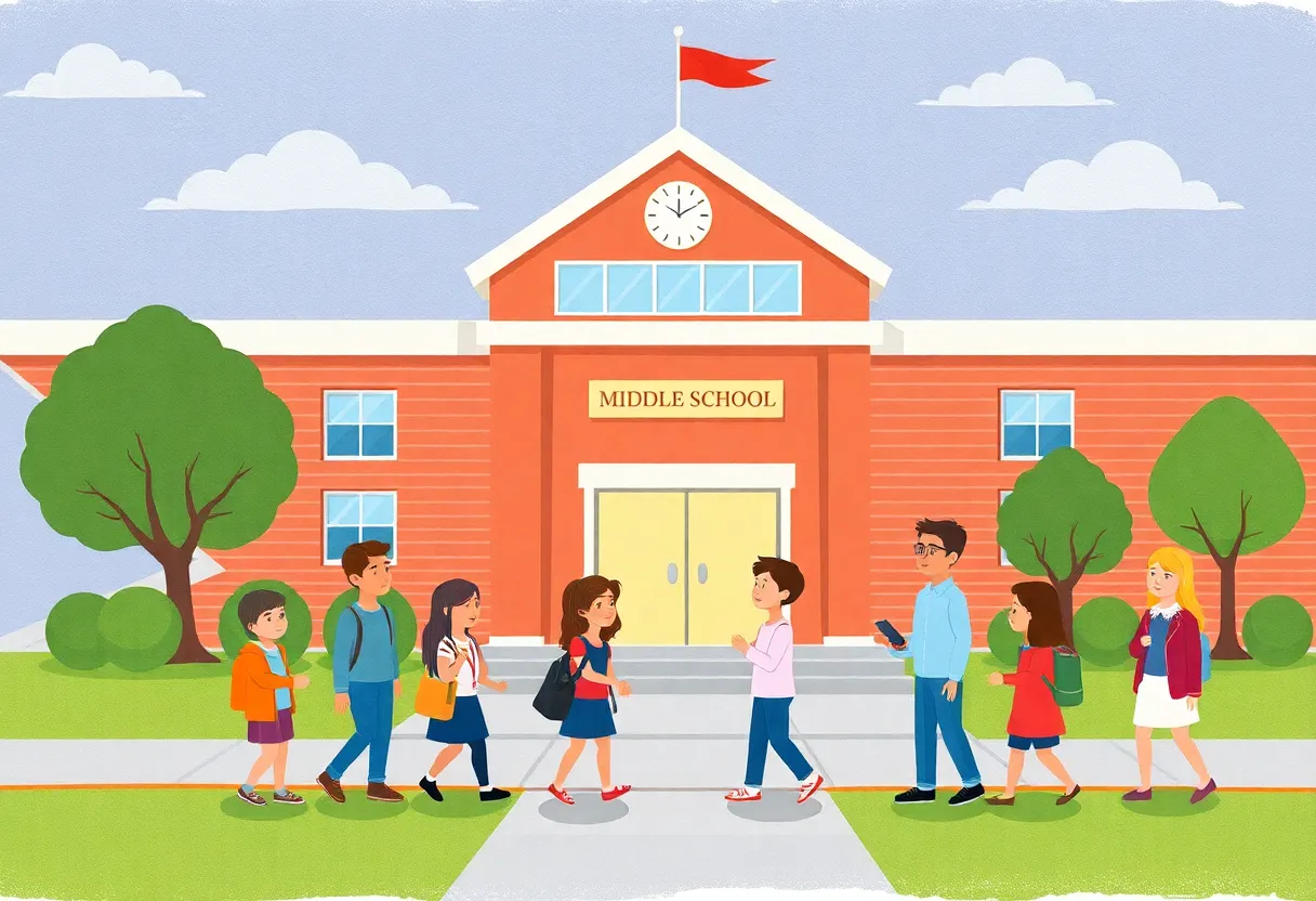 Illustration of Dobie Middle School showing students and community members expressing concerns.