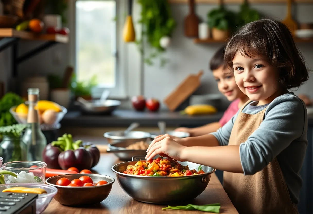 A young boy joyfully cooking in a lively kitchen