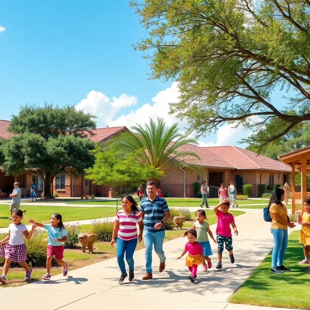 A community park in Texas with children and families enjoying outdoor activities.