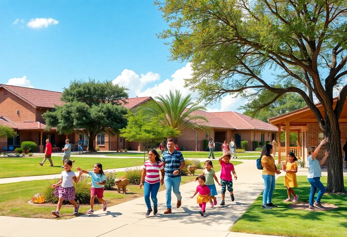A community park in Texas with children and families enjoying outdoor activities.