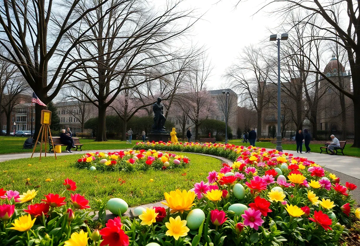 Easter celebration in Georgetown park with flowers and colored eggs