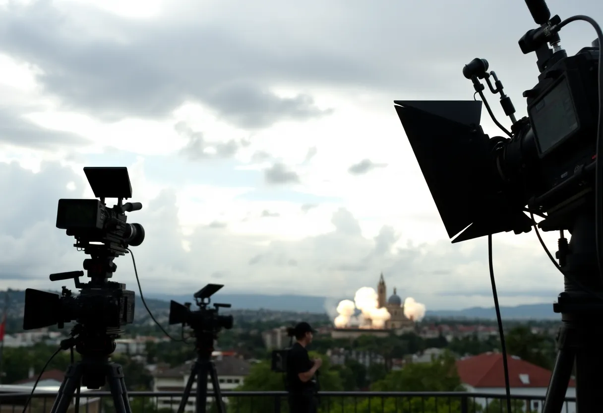 Film production scene in Georgetown featuring controlled explosions
