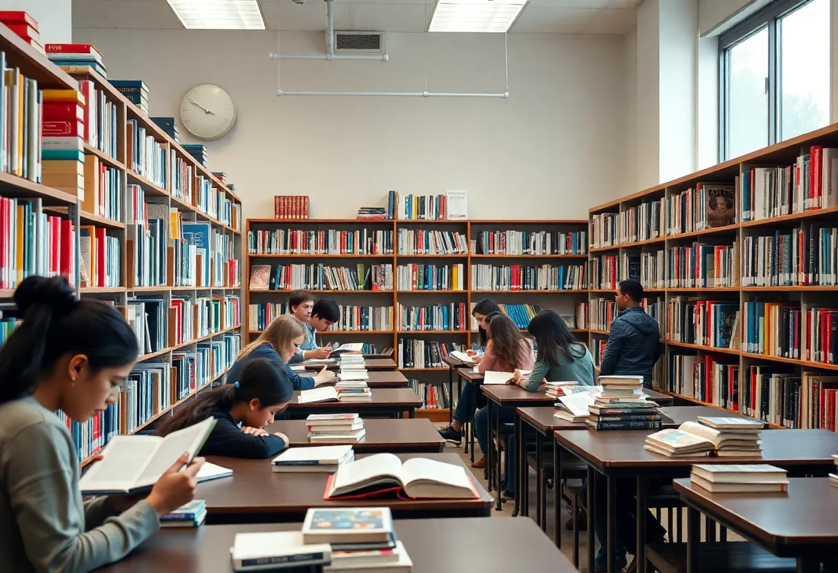 Students reading in a library surrounded by books
