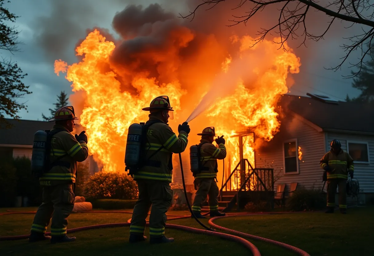Firefighters responding to a house fire during a thunderstorm in Georgetown, Texas.