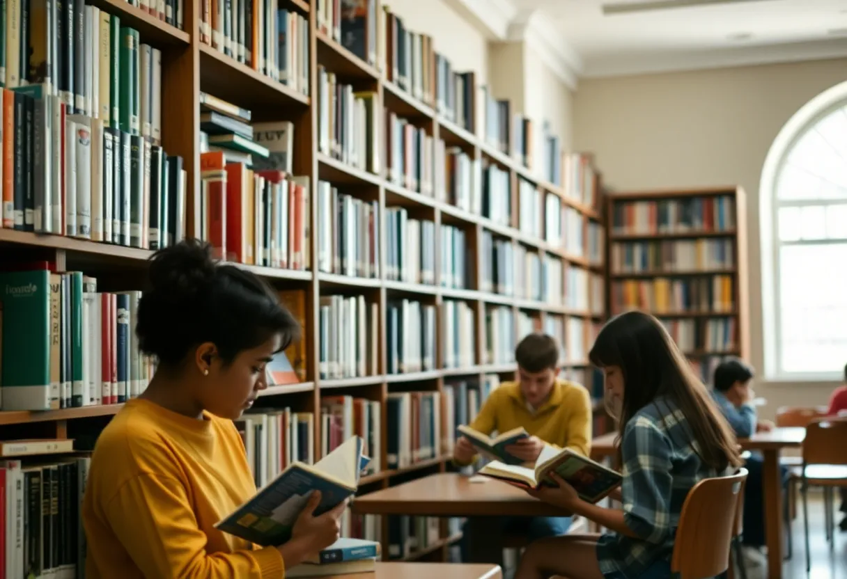 A vibrant library scene with students reading books, symbolizing the importance of access to literature.