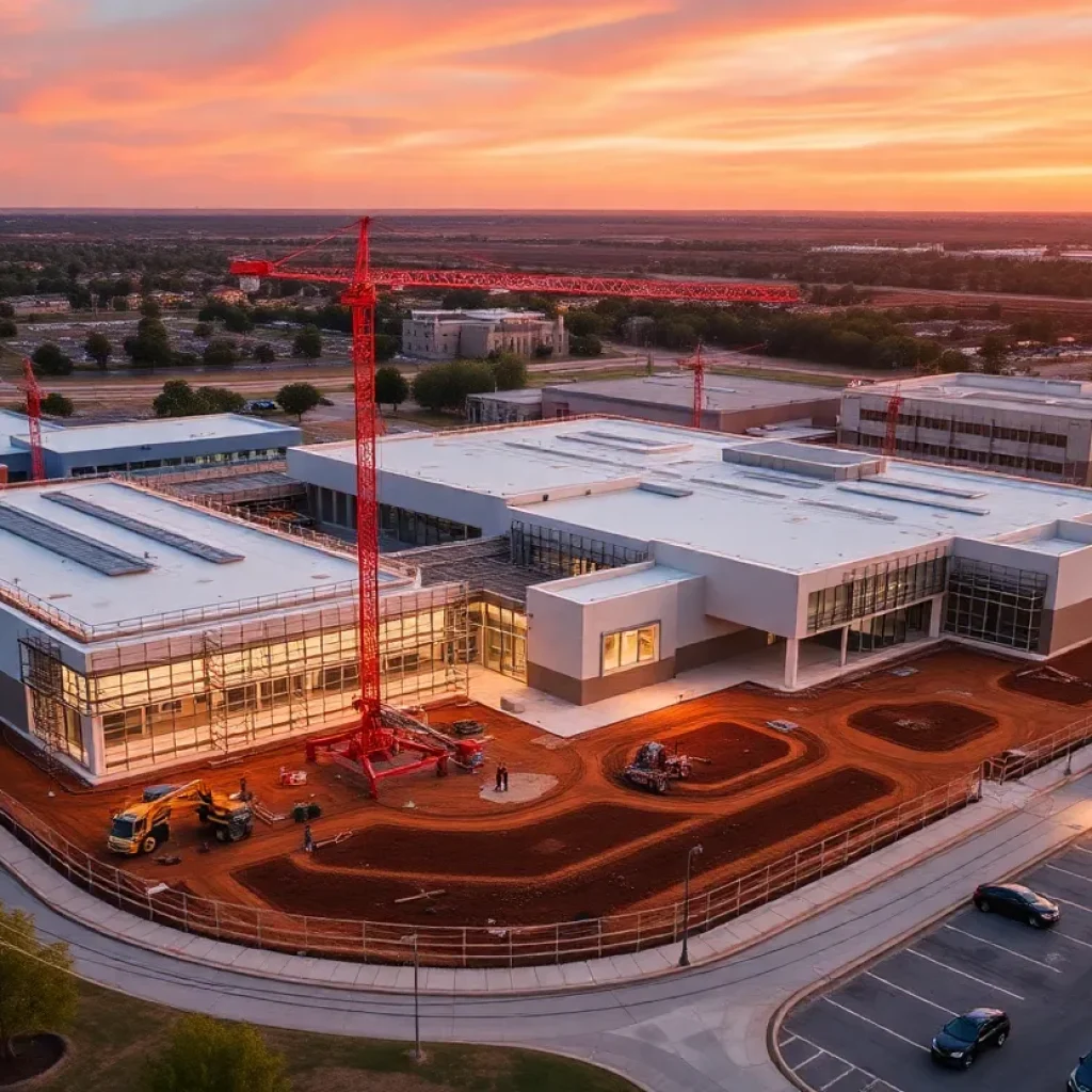 Construction site of Georgetown ISD's new high school with cranes and workers.