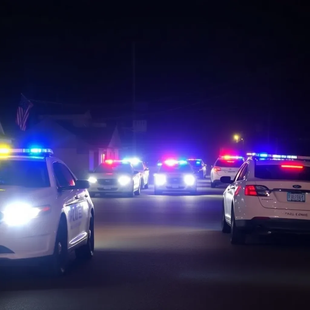 Police cars on a street at night with flashing lights