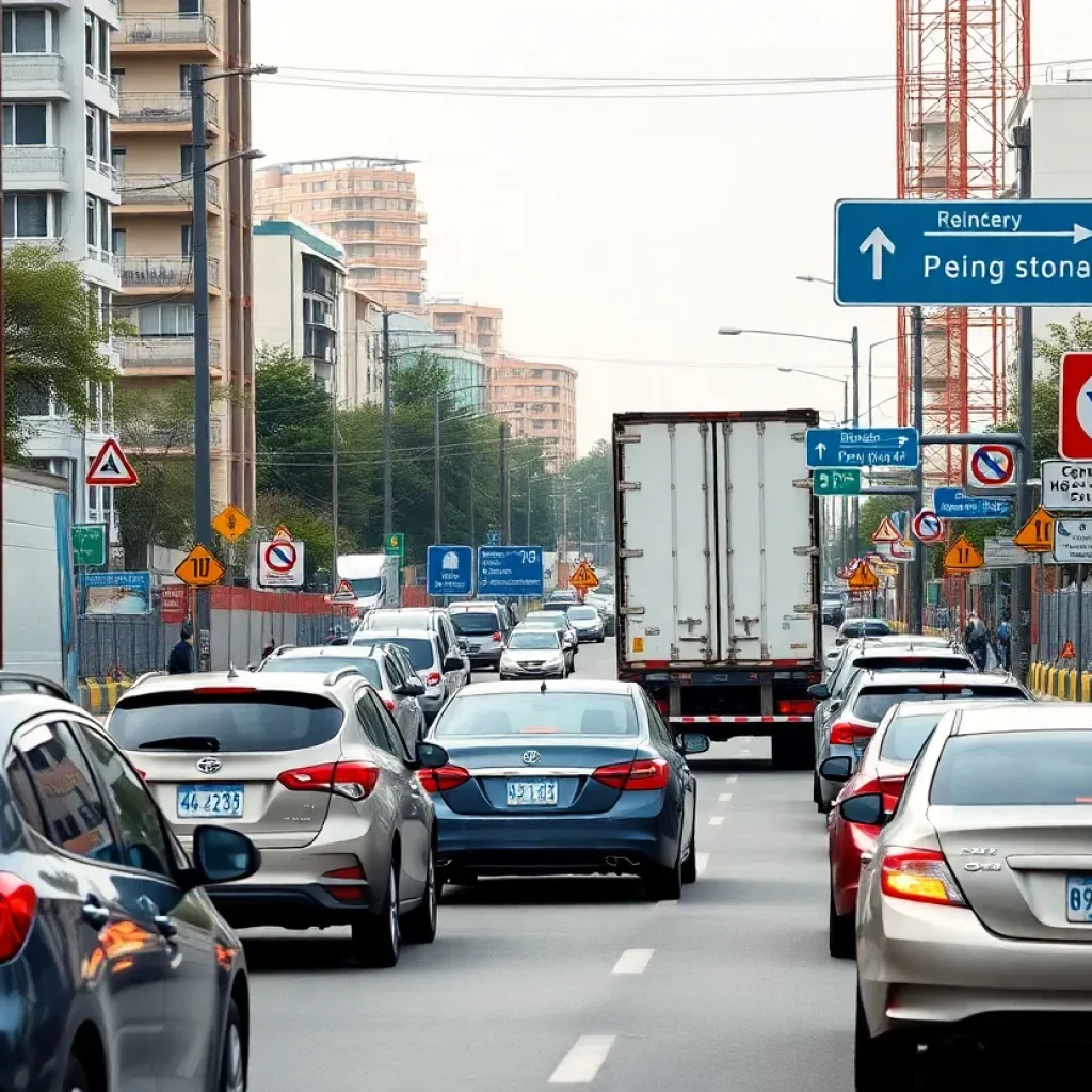 Congested intersection with vehicles and road signs in Georgetown