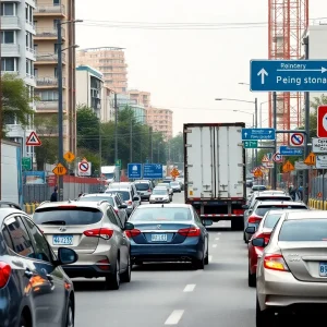 Congested intersection with vehicles and road signs in Georgetown