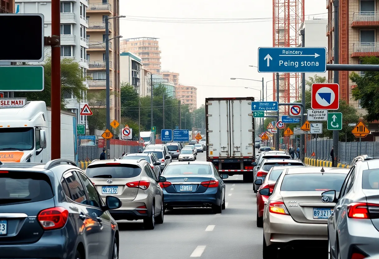 Congested intersection with vehicles and road signs in Georgetown
