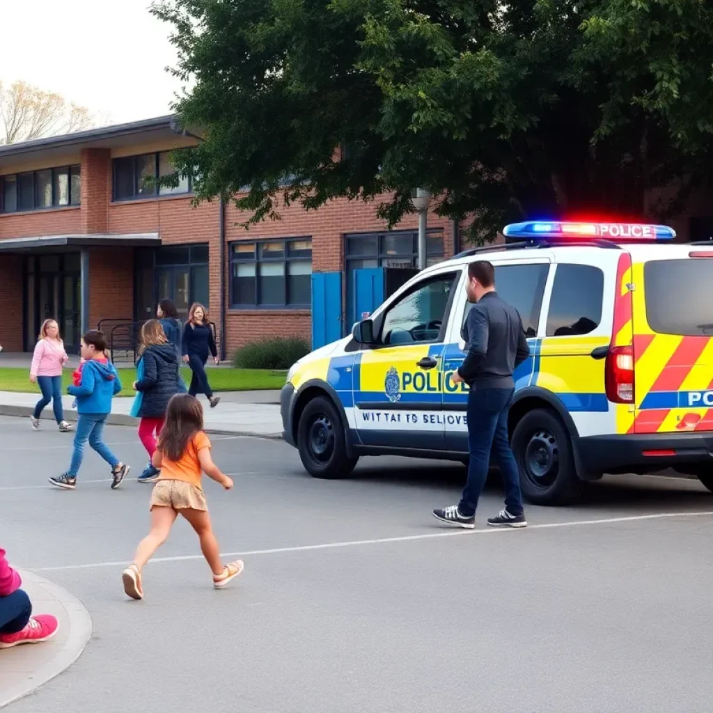 Students playing in a schoolyard with police presence in the background