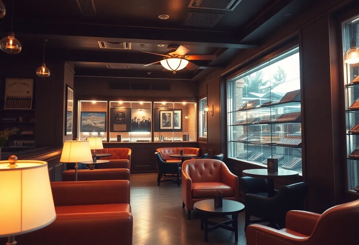 Cozy environment of a cigar lounge with seating and cigars displayed