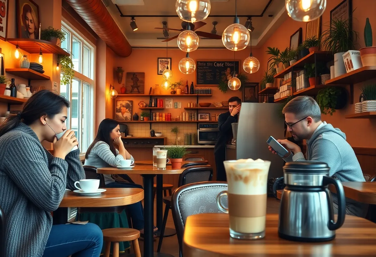 Interior of Mojo Coffee shop with customers enjoying coffee
