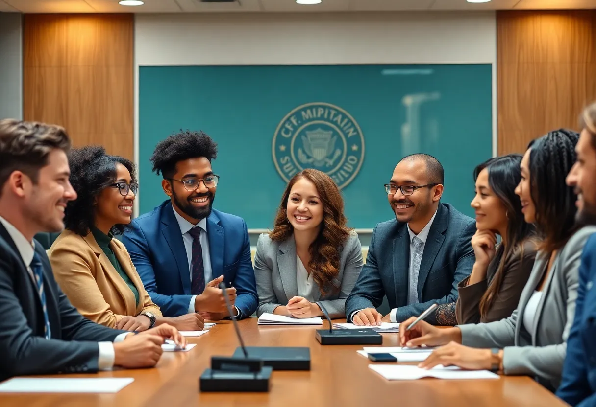 Diverse group of city officials at a council meeting