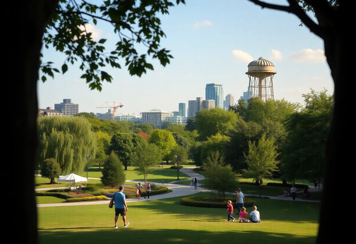 View of the Old Town Park with historic water tower and greenery
