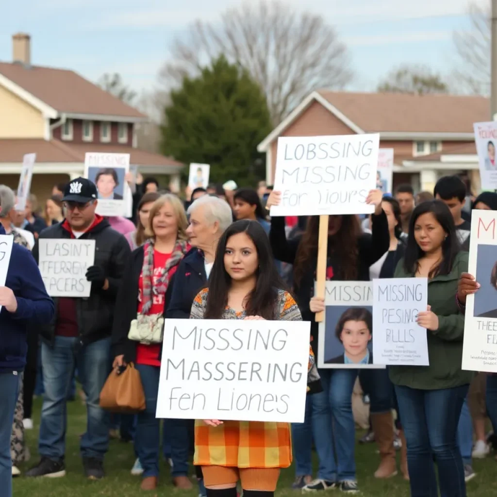 Community members holding signs for a missing teenager at a rally
