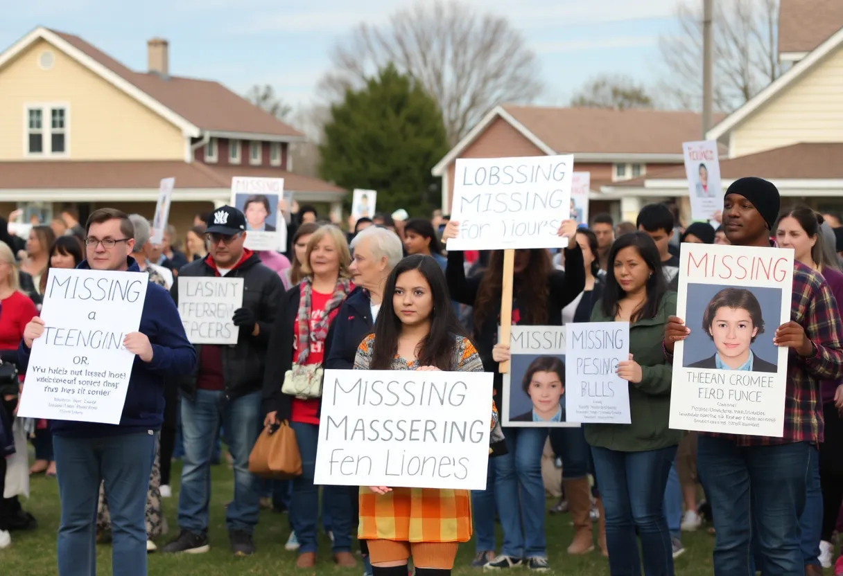 Community members holding signs for a missing teenager at a rally