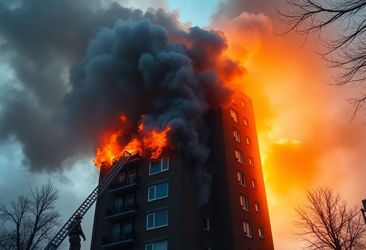 Firefighters extinguishing a fire at an apartment complex in Pflugerville, Texas.