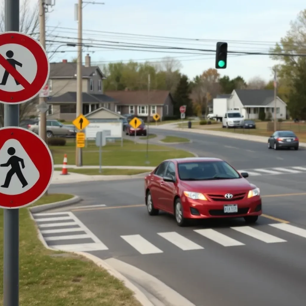 Traffic intersection with no crosswalk, indicating pedestrian safety concerns.