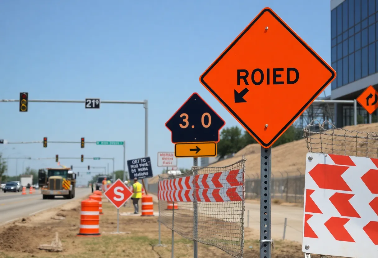 Construction workers and equipment at a road work site in Round Rock, Texas.