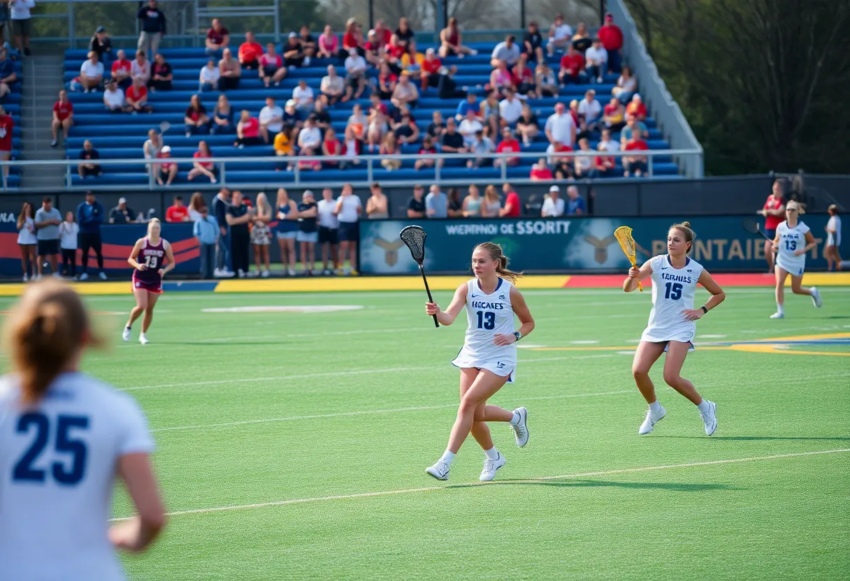Women's lacrosse players engaged in a game with spectators cheering.