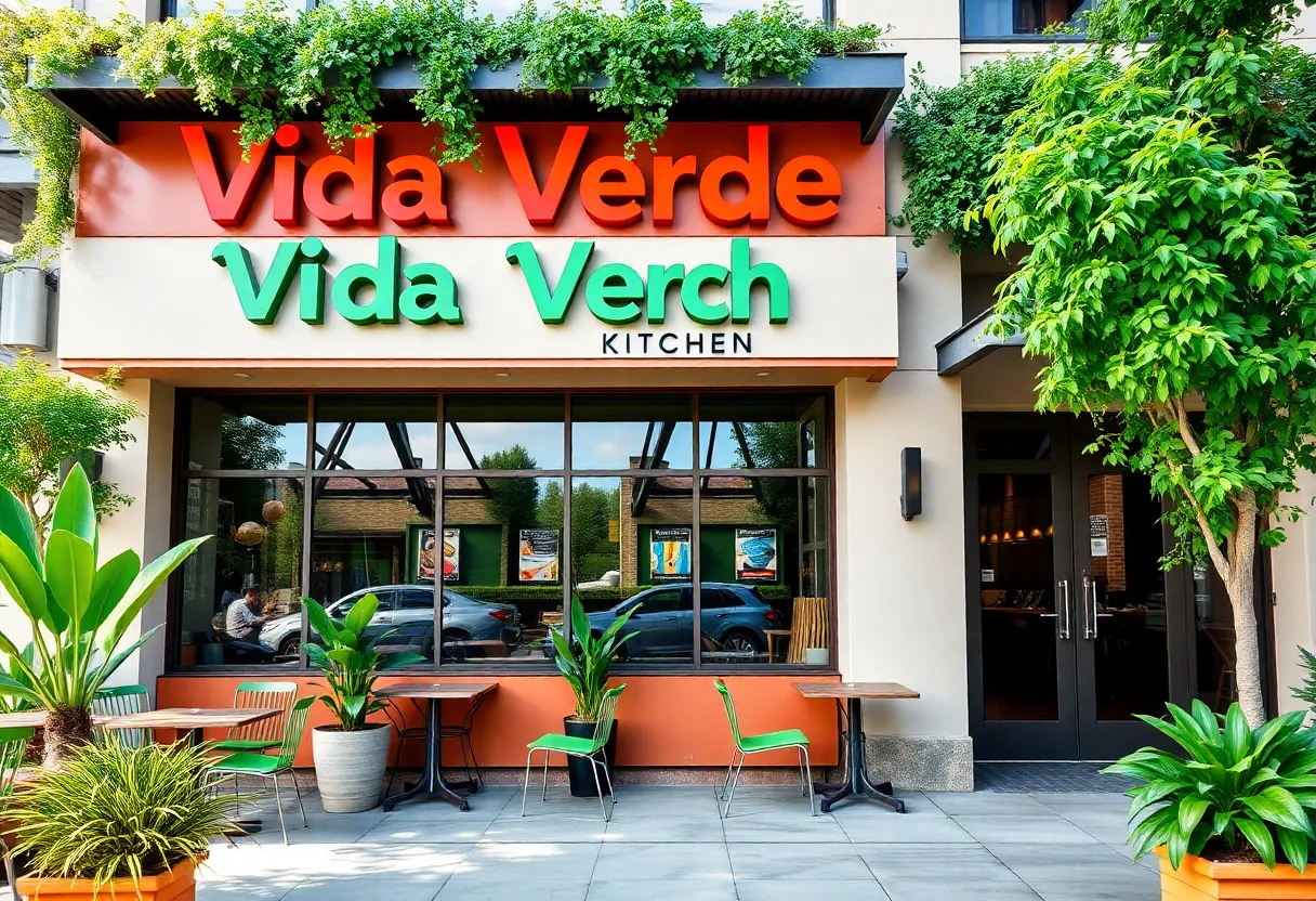 Exterior view of Vida Verde Kitchen with outdoor seating