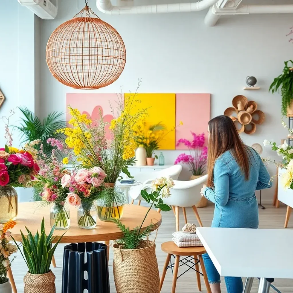 Interior design studio featuring floral arrangements and creative workspace.