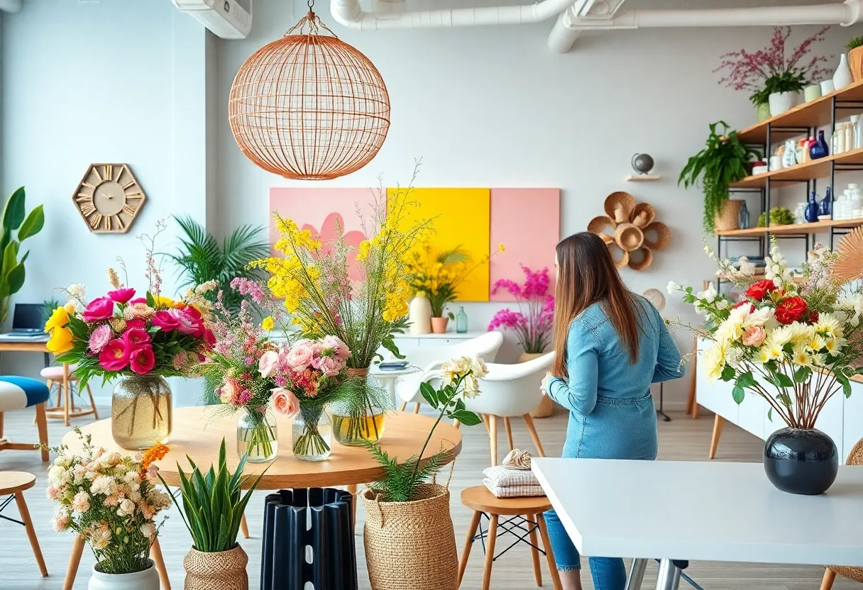 Interior design studio featuring floral arrangements and creative workspace.