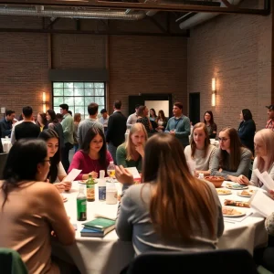 Students and faculty at a university literary journal launch event