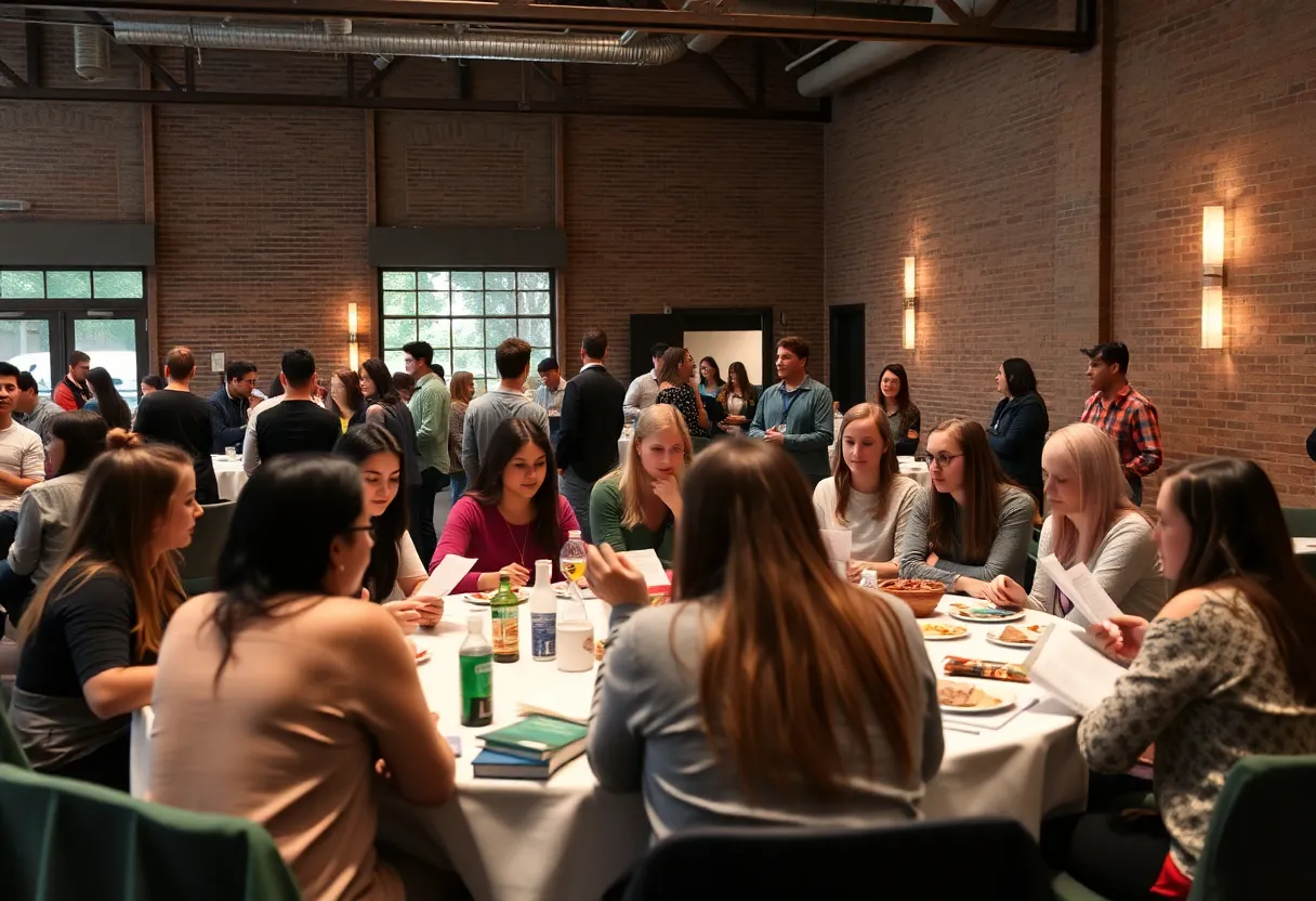 Students and faculty at a university literary journal launch event