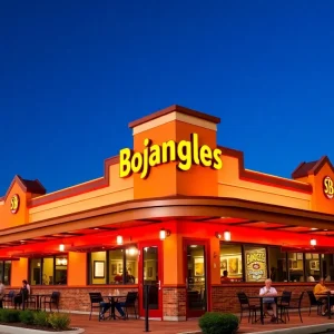 Bojangles restaurant exterior with customers dining.