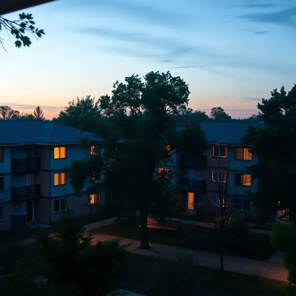 View of The View apartment complex in Cedar Park, surrounded by trees.