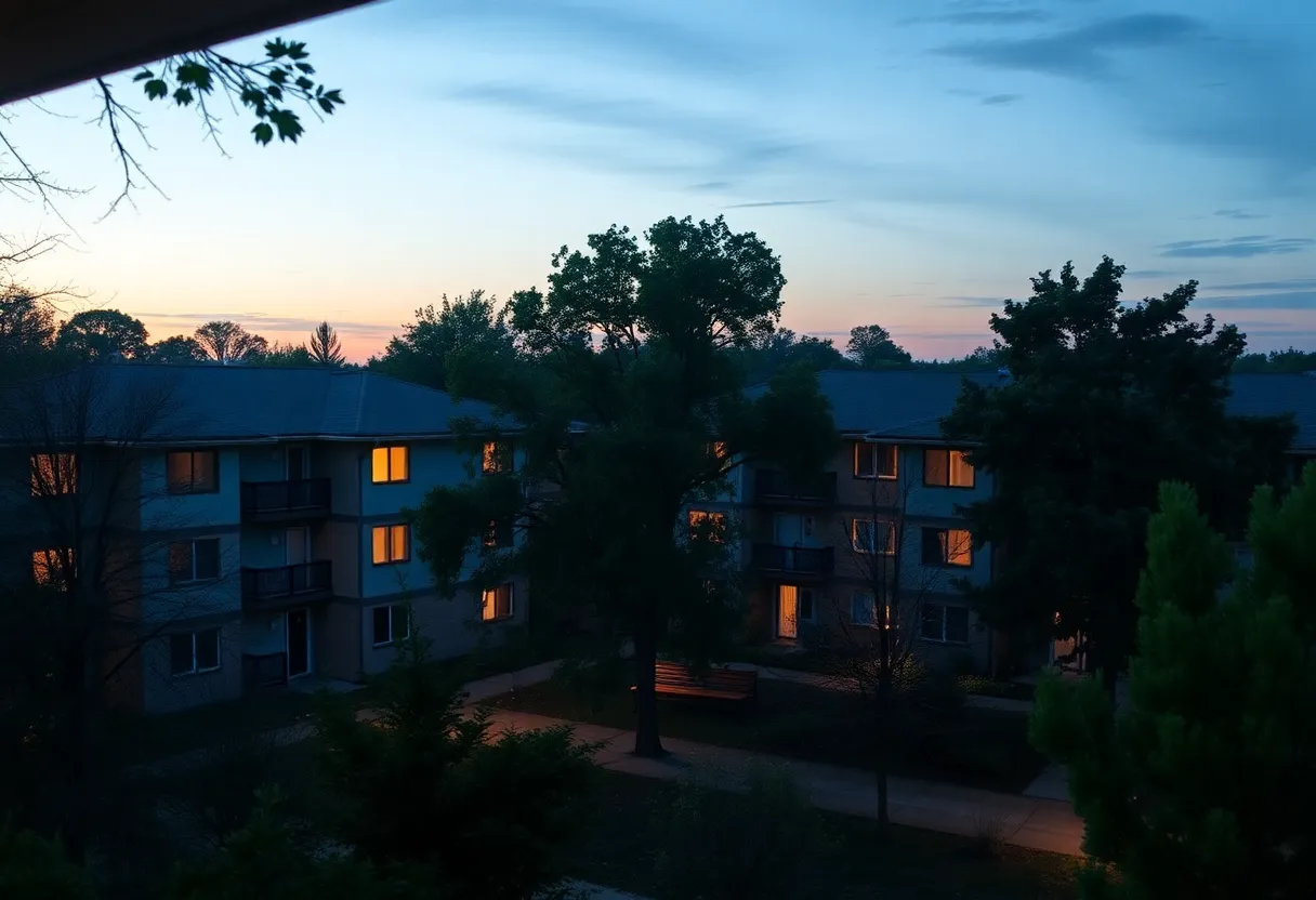 View of The View apartment complex in Cedar Park, surrounded by trees.