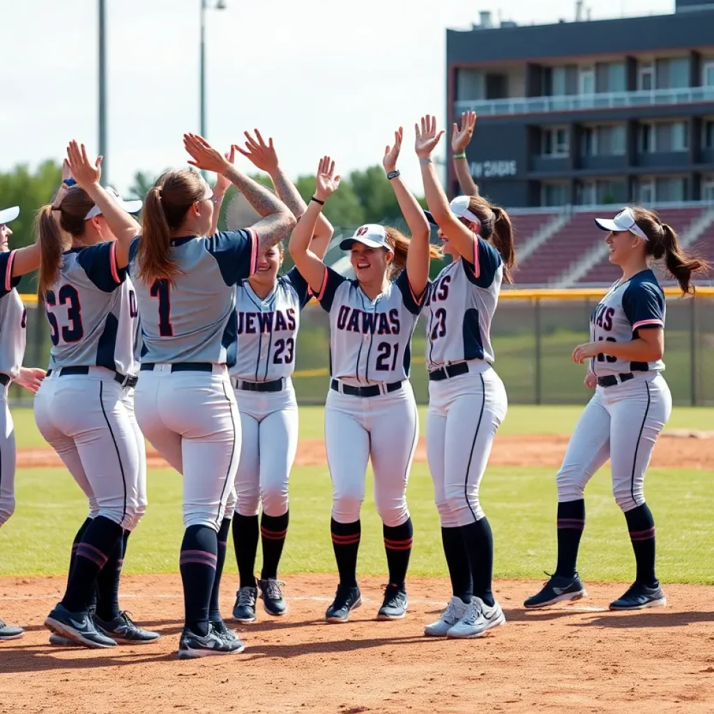 Centenary softball team celebrating their win on the field