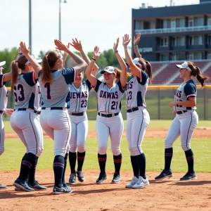Centenary softball team celebrating their win on the field
