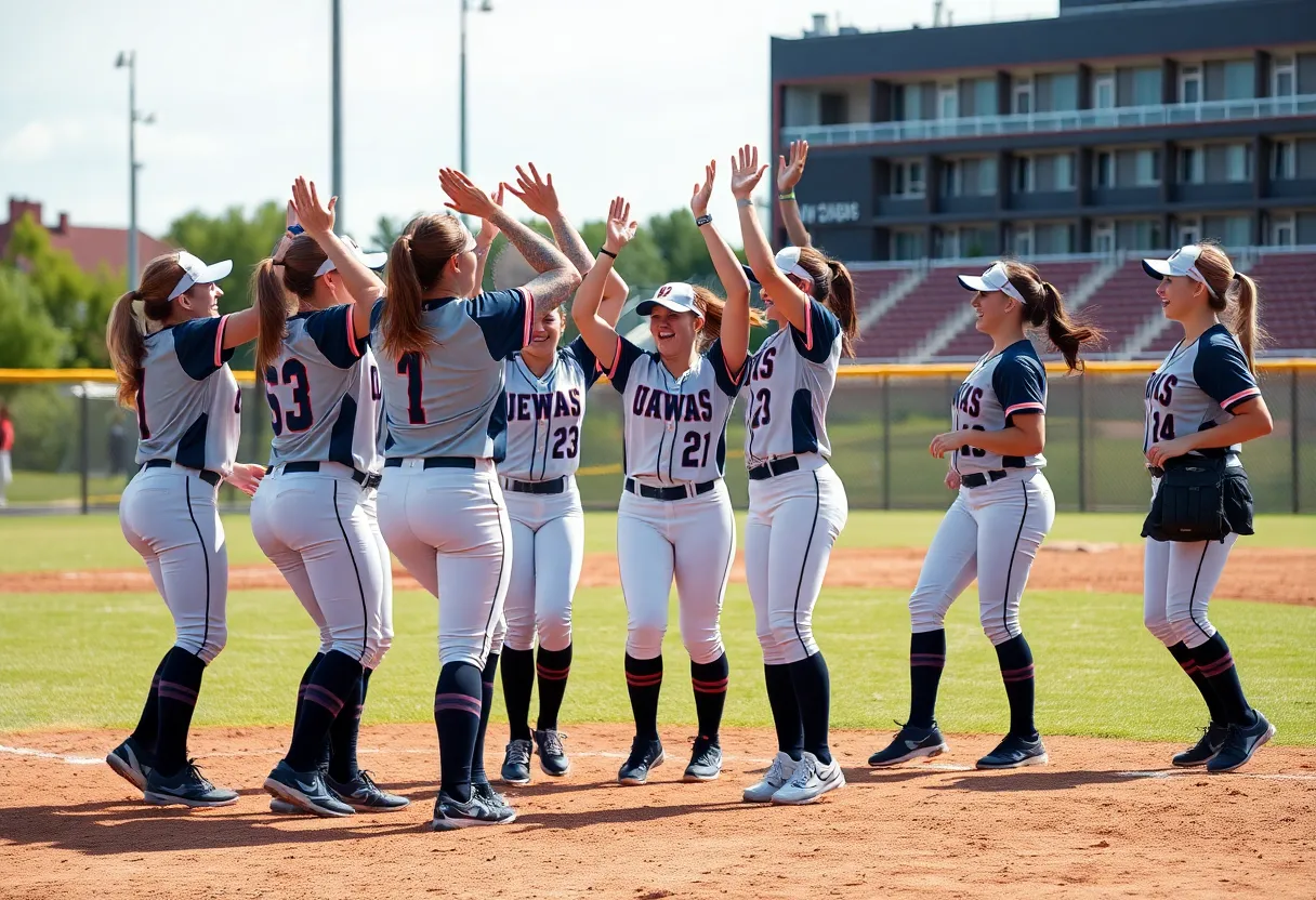 Centenary softball team celebrating their win on the field