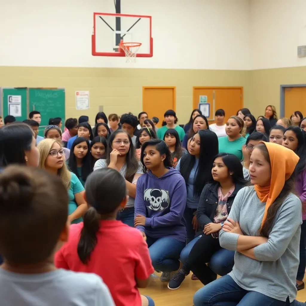 Parents and students in a school gym discussing concerns over educational plans.