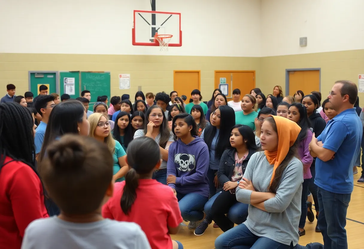 Parents and students in a school gym discussing concerns over educational plans.