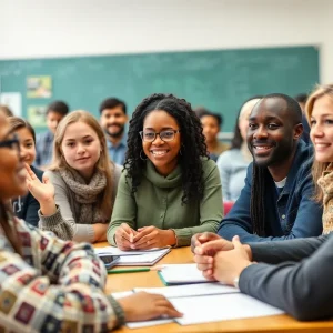 Community members discussing education at a school meeting